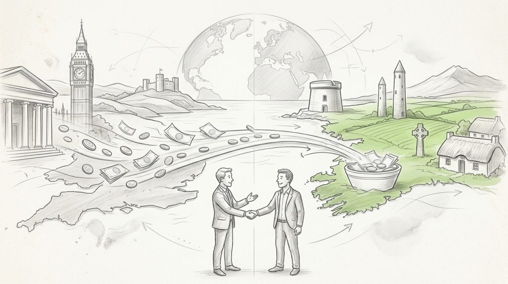 Two people in business attire shaking hands across a desk with documents and a laptop