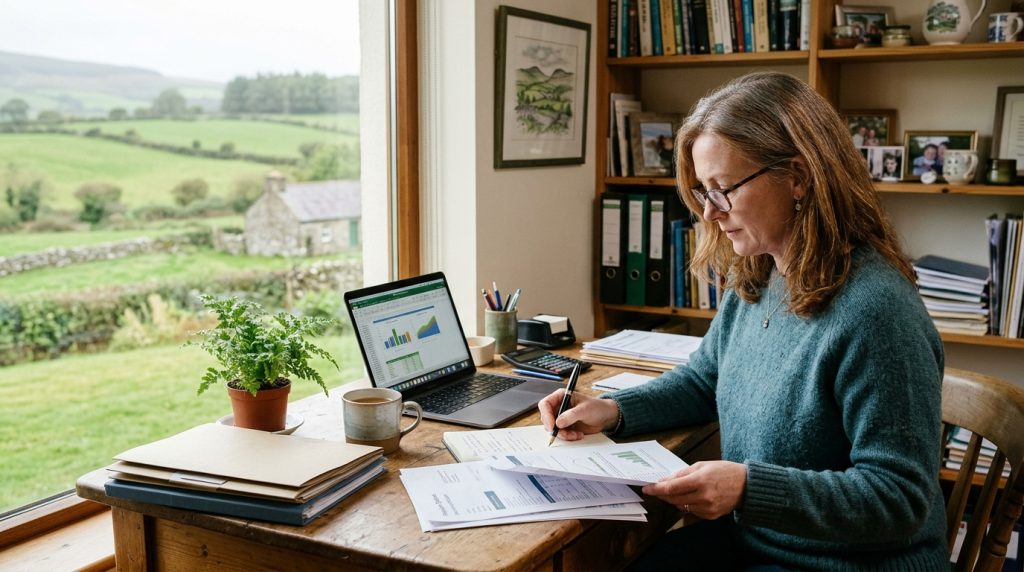 Smiling advisor and older couple reviewing documents together at a desk